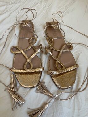 Aquazzura Gitana Metallic Gold Snake-Effect Leather Lace-Up Gladiator Sandals